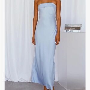 Satin Strapless Maxi Dress | Light Blue | S/M